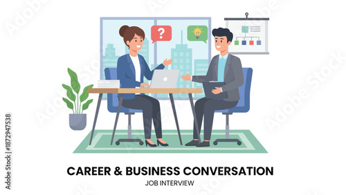 HR manager talking with candidate at job interview flat vector illustration