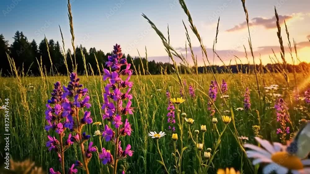 custom made wallpaper toronto digitalField of wildflowers with sunlight and tall grass at sunset