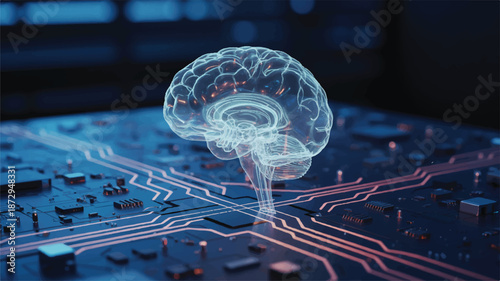 Glowing digital brain on a circuit board with microchips and wires