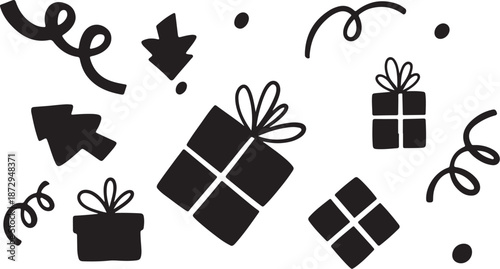 Black and white Christmas gift icons on white background