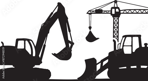 Construction equipment silhouettes on white background illustration design
