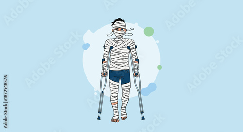 Young man completely wrapped in bandages from head to toe, walking with crutches after a serious accident or injury.