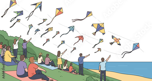 People flying kites on a beach with a scenic ocean view nearby
