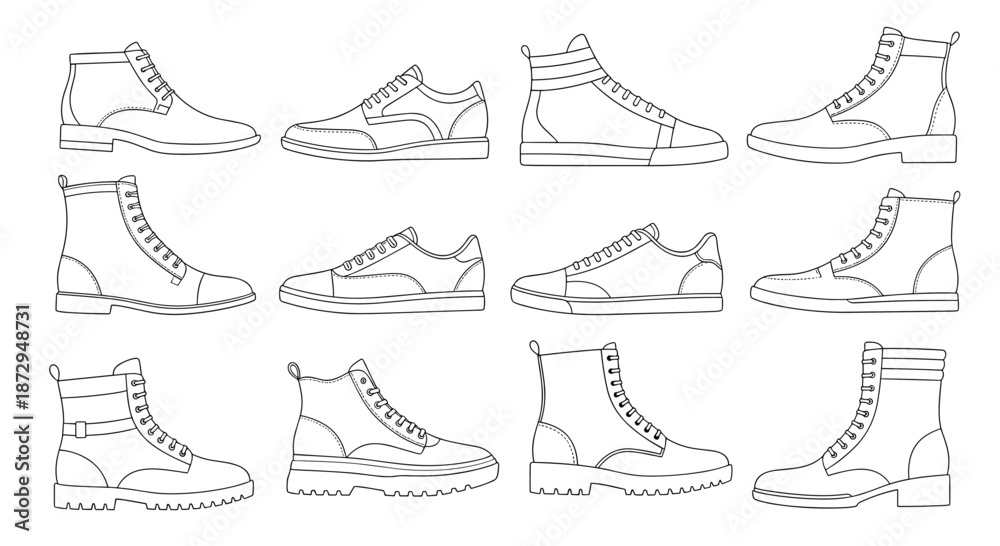 Fototapeta premium Neat collection of various men's footwear outlines including boots, sneakers, and formal shoes arranged in organized rows.