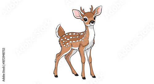 Adorable baby deer or fawn with white spots and small antlers standing and looking curious on an isolated white background.