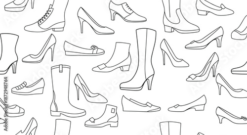 Pattern of women's shoe outlines including high heels, boots, and flat shoes on a white background for fashion design use.