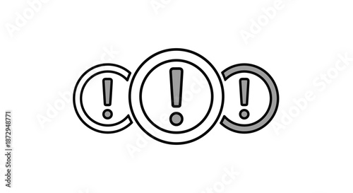 Set of three circular warning icons with exclamation points in grey and black outlines on a plain white background area.