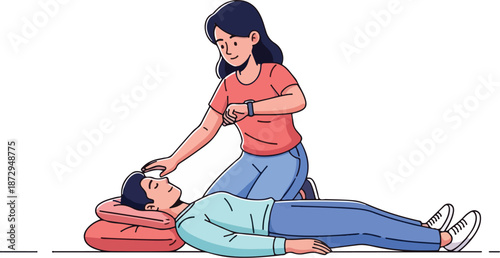 Woman checking pulse of unconscious person providing first aid.