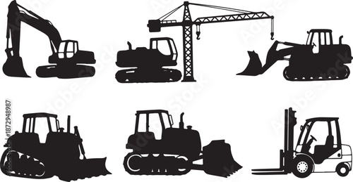 Construction vehicles and equipment silhouettes in black and white
