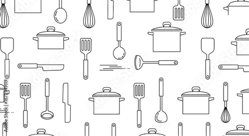 Seamless pattern featuring black outline drawings of various kitchen utensils pots pans and cutlery for cooking and cafe decor.