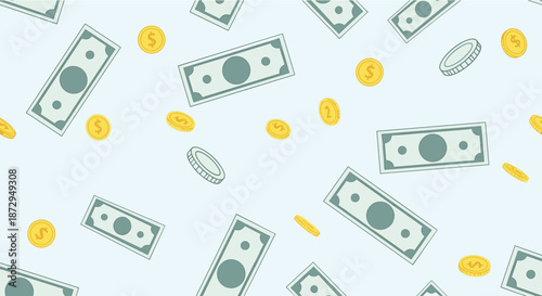 Seamless pattern of falling green dollar banknotes and shiny gold coins over a light blue background for financial design concepts.