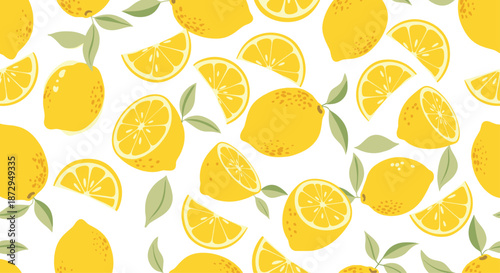 Vibrant seamless pattern of fresh whole lemons and citrus slices with green leaves on a crisp white background for summer designs.