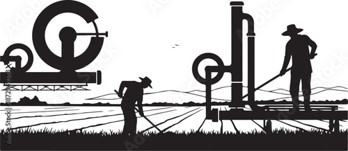 Farmers working in field with irrigation system at sunset