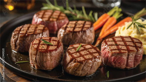 grilled beef medallions with vegetables and mashed potatoes on a plate