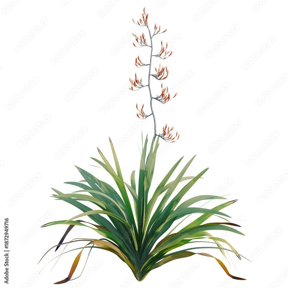 Fototapeta premium Phormium tenax tree, front view, cutout, transparent background, isolate, architecture visualization, New Zealand Flax Plant with Flowering Stem on a Clean Background