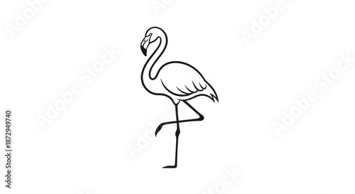 Elegant black and white line art illustration of a graceful flamingo standing on one leg against a plain white background.