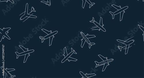 Seamless pattern featuring white outlines of airplanes flying in various directions on a dark blue background for travel themes.
