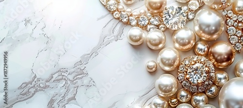 Close up of luxurious gold jewelry on a white marble surface, showcasing elegant minimal fashion
