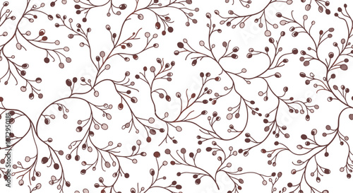 Elegant seamless pattern of delicate branches with small round berries in soft brown tones creating a natural and botanical background.