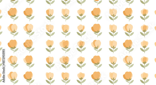 Cheerful seamless pattern showing rows of small yellow tulip like flowers with green leaves on a white background for textile designs.