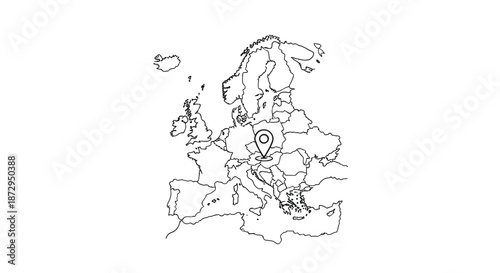 Simple outline map of Europe showing country borders and a black location pin marker placed in central Europe region.