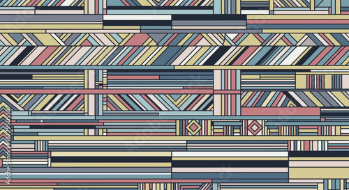 Complex geometric abstract pattern made of multi colored rectangles and stripes in blue, pink, and yellow tones for modern backgrounds.