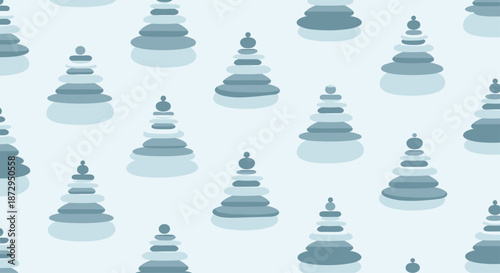 Serene seamless pattern of stylized stacked stone towers or cairns in shades of blue on a light background for zen and balance themes.