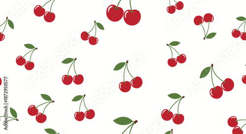 Simple and fresh seamless pattern of pairs of bright red cherries with green leaves on a clean white background for kitchen decor.