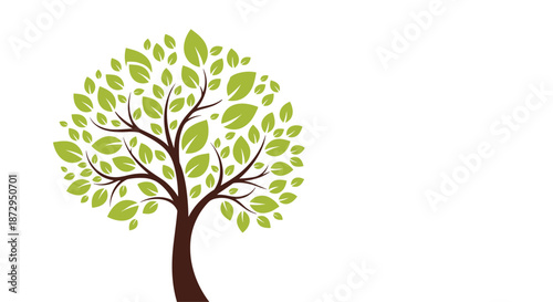 Beautiful illustration of a tall brown tree with a full canopy of vibrant green leaves positioned on the left of a white background.