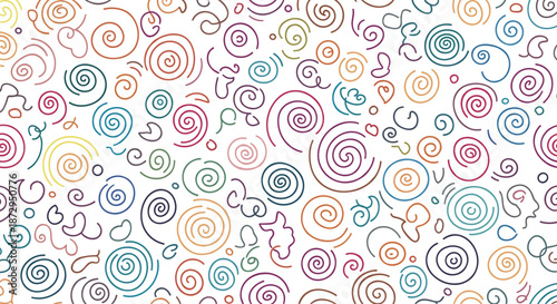 Playful seamless pattern of colorful hand drawn spirals and swirls in various sizes and colors on a clean white background.
