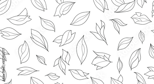 Elegant seamless pattern of delicate black and white leaf outlines and floral shapes scattered across a plain white background.