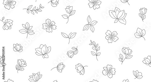 Delicate floral pattern of small flowers and leaves drawn with dotted lines on a white background for a minimalist aesthetic.