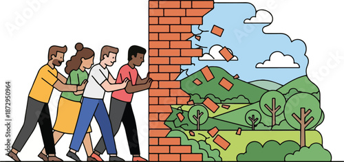 Diverse people pulling down a brick wall to reveal a natural landscape with unity and support.
