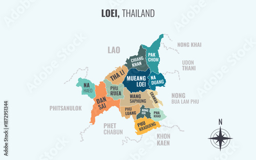 A map showing Loei Thailand divided into districts in a minimalist colorful style