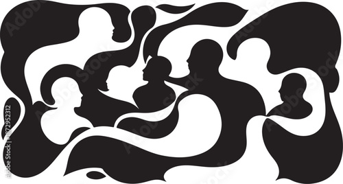 Silhouettes of people in a abstract swirling pattern design