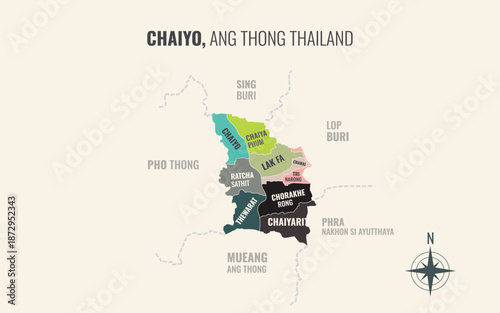 Map showing Chaiyo District Ang Thong Thailand divided into sub districts with minimalist colorful patterns
