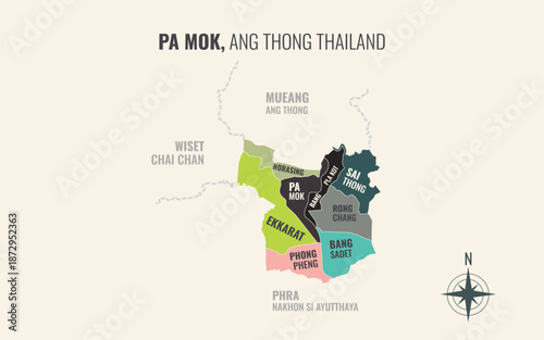 Map showing Pa Mok District Ang Thong Thailand divided into sub districts with minimalist colorful patterns