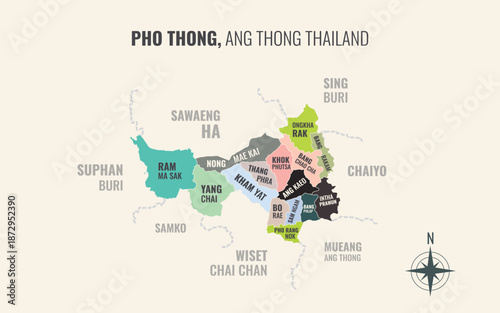 Map showing Pho Thong District Ang Thong Thailand divided into sub districts with minimalist colorful patterns
