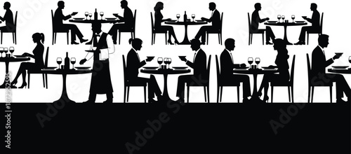 People eating in restaurant silhouette set with waiter serving food cafe dining cad drawing flat vector illustration for architectural visualization