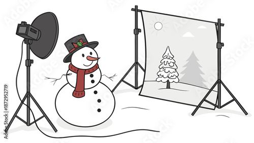 Snowman photoshoot with winter backdrop and studio lighting.