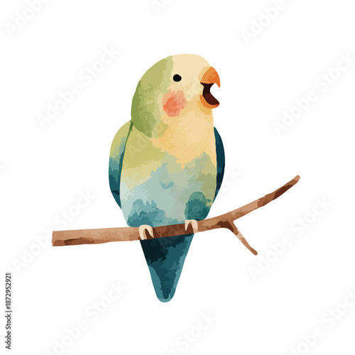 Cute Watercolor Parrot on Branch Cheerful Tropical Bird Illustration.