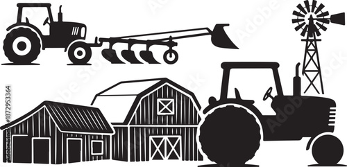 Farm Equipment and Buildings in Black Silhouette Vector Illustration
