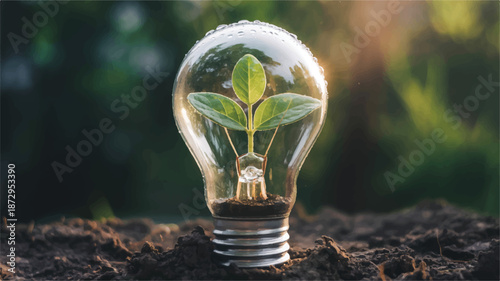 light bulb with green plant inside on soil outdoors