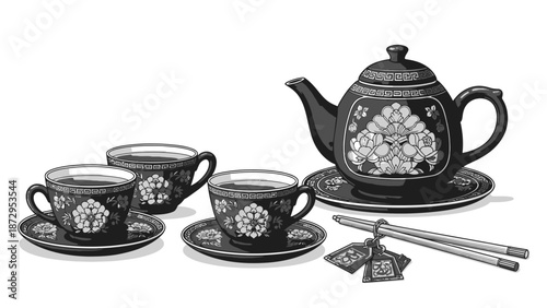 Traditional Oriental Tea Set Illustration with Teapot and Cups