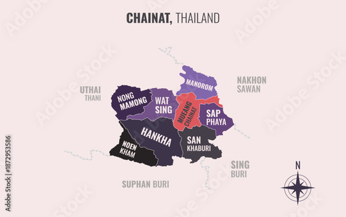 A map showing Chai Nat Thailand divided into districts in a minimalist colorful style