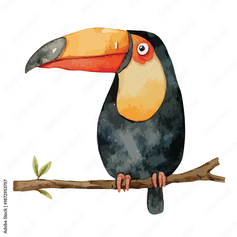 Obraz premium Cute Watercolor Toucan Perched on Branch Illustration.