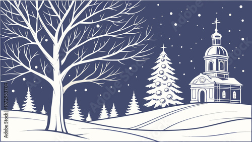 Winter Landscape with Church and Bare Tree Illustration.