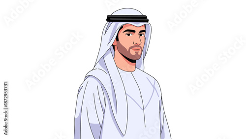 Arab Man in Traditional White Kandura and Ghutra Illustration