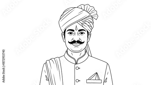 Indian Man in Traditional Wedding Attire with Turban and Tilak Illustration