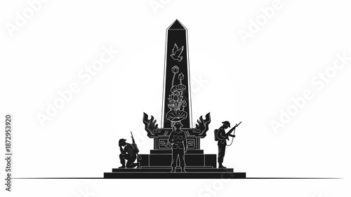 War Memorial Monument Silhouette with Soldiers Illustration.
